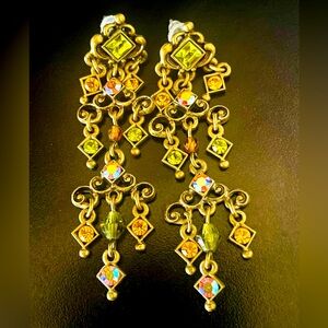 Antique Brass Rhinestone Chandelier Earrings
